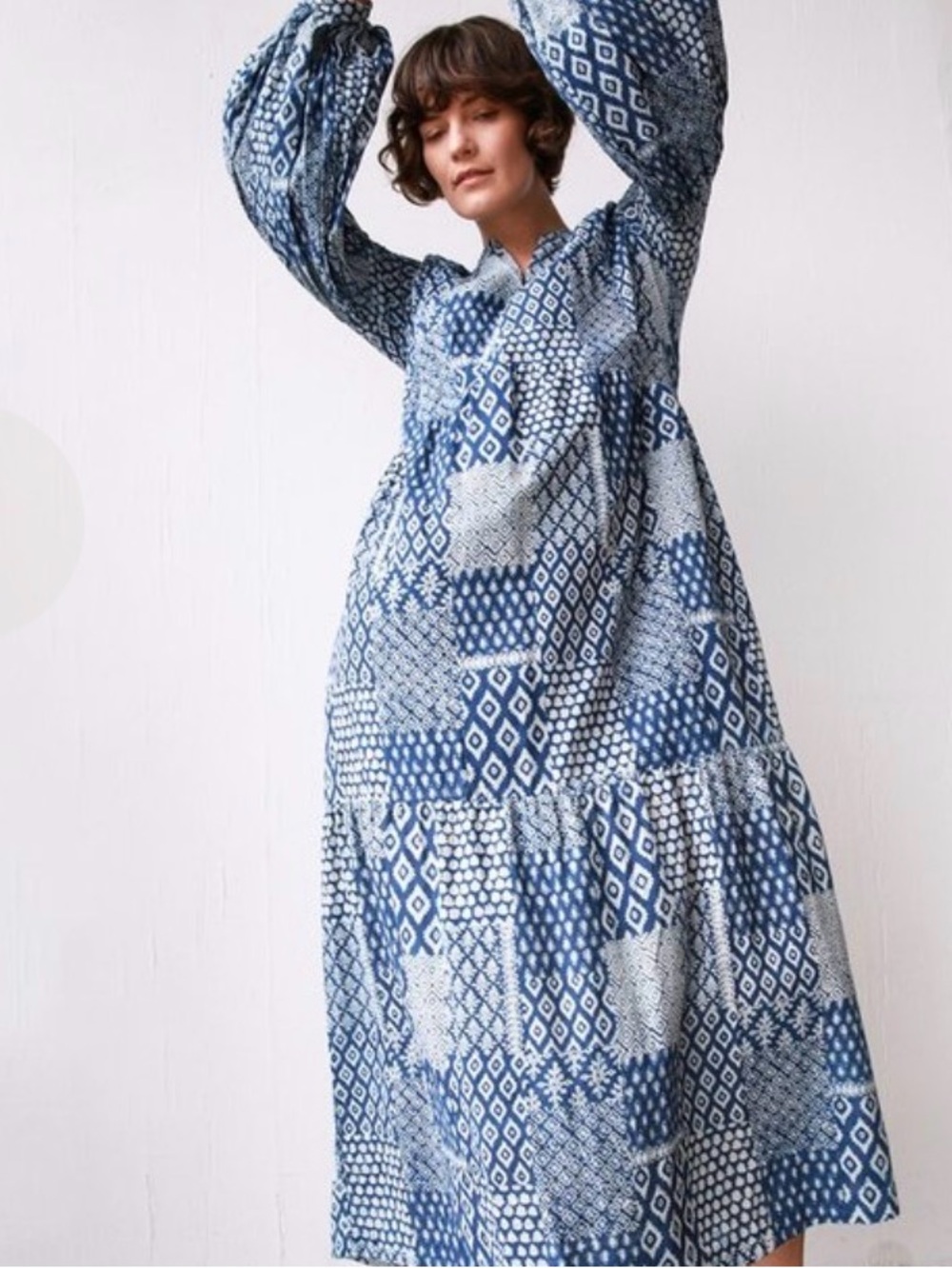 Matta NY Jade Patchwork Maxi Dress Indigo Blue Cotton Boho XS